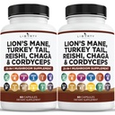 狮子马恩蘑菇 与土耳其的Tail Reishi Cordyceps Chaga 和 棉花糖根 - 2-Pack
