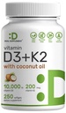 DEL 添加维生素 D3 10,000 IU + K2 MK7 200mcg 软胶,250 Counter QQ 2-in-1 配有 Virgin Coconut Oil → 容易吞咽