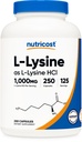 营养成本L-Lysine 1000mg, 250 capsules - 500mg per Cap, Gluten Free, 非GMO