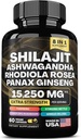 shilajit 9000 mg, Ashwagandha 2000 mg, Rhodiola Rosea 1000 mg, Panax Ginseng 1500 mg, cordyceps Mushroom 500 mg, Ginkgo Biloba 500 mg, Stinging Nettle 250 mg, Tumic 500 mg.