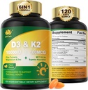 维生素 D3 1000 IU + K2(MK-7) 100mcg, Vegan 维生素 D3 K2 配有 Turmeric, 镁和锌用于钙吸收, Bone & Immune 健康, Coconut Oil for high Absociation, Easy to Swillow, 120 Cts