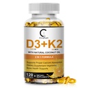 维生素D3 K2 补充维生素D3 5000 IU,200 mcg 维生素K2 MK-7 & 天然椰油,植物基2-1 骨、齿、肌肉和免疫健康支持公式,120 软胶盖