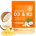 含椰油的维生素D3 K2 - Vegan Vitamin D3 & Mk7 维生素K2 for Bone & Immune Support - 非GMO,Soy Free - 120 Softgels
