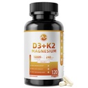 M英寸维生素D3 K2配有镁,维生素D3 1000 IU,维生素K2 MK-7 240 mcg,6-in-1 K2 D3 维生素补充剂配有奎尔西丁,Bone,Immune & Moo*d支持,高度生物可用,120卡普尔