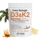 维生素D3 K2 镁复合物,外强井 D3K2 配有三重镁和椰油用于最大吸收,支持骨骼和免疫健康,Non-GMO, Easy to Swallow, 200 Softgels
