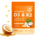 维生素D3 K2 10000 IU配有200mg,维生素D3和K2 Capsules,2 in 1 Vitamins D & K Complex配有维尔京椰油,120软胶,易吞及非GMO