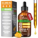 维生素D3 K2 滴灌,D3 20000 IU & K2 以MK-7 400mcg 配以镁,钙,锌和Omega 3 配以Imune*,Mood*,Bone* 健康,橙色Flavor 维生素D 液滴 补充 1瓶/2 Ounces