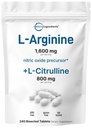 L-Arginine 1,600mg Nitric Oxide Supplement for Men with L-Citrulline, 240 双节食片 | Nitric Oxide Precursor |肌肉,能量,和心脏支持 | Non-GMO, Gluten Free - 4个月供应