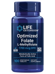 生命延长优化 Folate – L-甲基folate – Heart & Brain Support, 健康Homocysteine Levels – Non-GMO, Gluten - Free, Vegetarian – 1700 mcg DFE, 100 蔬菜片