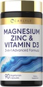 Carlyle Magnesium Zinc 和维生素D3 → 90 Capsules → 3-in-1 高级公式 → 蔬菜、非GMO 和 Gluten Free