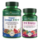 纯净产品包-Vegen Omega 3-6-9 + B-12 能量熔化 Omega 3-6-9(“5 in 1”) 植物基 Omega 3 6 9 基本脂肪酸复合物-B12 贝里熔化物(Methylcobalamin B12 + B6 + D3 + More)