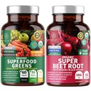 营养第一 N1N Premium 和有机超级食品 绿色和甜菜根片 豁免和抗氧化剂支持,包装有Alfalfa,Spiruina和Barley草,120片