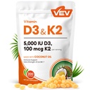 VEV Corefeel 维生素 D3 K2,5000 IU D3 100mcg K2(MK 7),300 Softgels, 2-in-1 维生素 D & K 配有椰油,支持钙吸收和骨质健康,易吞.