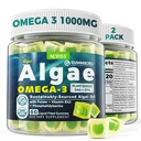 2 Pack Algae Omega 3 Gummys 1000mg,植物基 DHA 460mg & EPA 230mg,Omega 3 鱼类的成人油替代品,加甲基叶酸盐,维生素B12,磷酸盐,无鱼味,Vegan,无糖