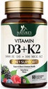 维生素D3 K2 补充 → 5000 IU D3 + K2 100 mcg → MK-7 K2 配 维生素D → 支持 Immune, Heart, Teeth & Bone 健康 - 自然易吃 Chew, VIT D3 K2, Non-GMO, Tasty Berry Flavor - 60 板