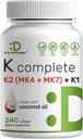 DEL Supplement Vitamin K 完成 - 240 椰油软胶 → 高概率Vitamin K2(MK-7和MK-4) & K1 → Full Spectrum Triple Vitamin K → Bone, 联合,和免疫支持 – 非GMO