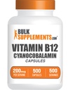 Bulk Assupports.com 维生素B12 Capsules - as Cyanocobalamin, 维生素B Supplement, 维生素B12 200 mcg - 能量维生素, Gluten Free, 1 Capsule per Service, 500 Capsules (Pack of 1)