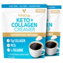 VitaCup Keto + Collagen Coffee Creamer Vanilla Flavor w/MCT, Collagen 蛋白质,椰水,L-Thein for Keto Det, Coffee, Smoothies, & Shakes,无乳品,Gluten-free,Soy-free,各2袋,10oz