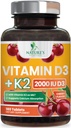 维生素D3 K2 2000 IU Plus 配以 K2(MK-7) 75 mcg - 维生素D & K 复合剂补充剂,用于骨,齿,肌肉,钙吸收,支持免疫和心脏健康,非GMO 烹饪配方 - 180片