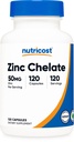 营养成本锌 Chelate 50mg, 120 蔬菜卡普尔-Gluten Free and 非GMO