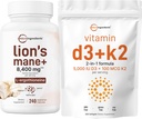 微成份 维生素 D3 5000iu + K2 100mcg 软胶和狮子 Mane 补充 240 Veggie Capsules Bundle 2 Pack → 基本阳光 维生素 + 超食品 蘑菇 含有L-Ergothioneine的抗氧化剂