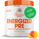 Genius Energized Pre Workingout Powder – 配有 Beta Alanine & Alpha GPC 的咖啡因浸泡前助推器补充,无人工甜甜剂或Dyes - 200mg Cafeine, 20 services, Sour Peach Rings 的咖啡因, 酸桃环