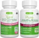 超级B12-Complex 1000mcg + 纯Folate 400mcg Vegan Bundle, 高吸附亚语维生素B12 与甲基Cobalamin, Adenosylcobalamin & Hydroxocobalamin + 优化 L-Methylfolate, by Igennus