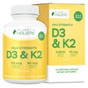 纯全素维生素D3 125mcg和维生素K2 90mcg MK7-4 月供应 150 蔬菜卡普尔 - 维生素D3和K2 Menaqunione - 在美国制造的高强度胆固醇