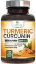 Turmeric Curcumin 补编 2600mg - 95% Curcuminoids 有机Turmeric & BioPerine Black Pepper 提取最佳吸收、天然维冈联合支持、非GMO、美国瓶装 - 120 Capsules