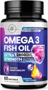 Omega 3 鱼油补充剂 2400mg - 三强Omega 3 脂肪酸,天然心脏健康脑与联合支持 - 脂肪酸与EPA & DHA - 野生抓鱼油补充剂 - 60 Softgels