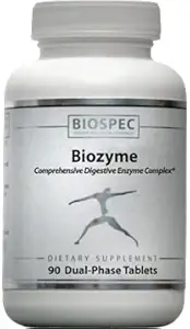 BIOZYME: 完全高潜力消化酶复合体-双 相位片释放了Betaine HCl,百事通,布罗梅兰和帕宾在胃部,以及Pancreatin,Trypsin,Chymotrypsin和Ox Bile在二极管区,以达到最大效果. 90 双相片