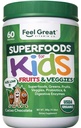 Feel Great USDA Official Super Greens Powder for Kids - Cocao 巧克力 QQ水果和蔬菜 Superfood Powder 配有抗生素和消化酶的超级食品 用于消化健康 60天供应
