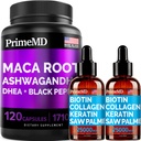 4-in-1 液态生物素 Collagen Keratin Saw Palmetto Drops (2 fl oz - 2 Pack) & 6-in-1 Maca Root Ashwagandha w Black Pepper Fruit (120cm) Bundle - 头发,皮肤,钉子,能量和Mood 支持补编
