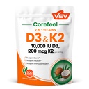 VEV Corefeel 维生素 D3 K2,10,000 IU D3,200mcg K2(含MK7)支持骨和齿健康,双营养支持日常健康,容易吞咽 — 300卡普尔