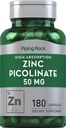 Piping Rock Zinc Piclinic 50mg | 180 Capsules | 非GMO, Gluten 免费补编