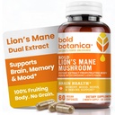 Bold Botanica Lion的马恩蘑菇卡普勒斯 - 100% 水果制作体 - 集中有机狮子的马恩提取物 - 诺特罗比脑健康 - 记忆,木德,免疫支持 - 60 Vegan Capsules