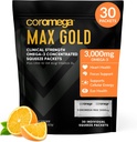 Coromega MAX Gold 3000mg Omega-3 鱼油 + 维生素 D 挤压包,野味,无鱼味 - 3X 优于软胶,支持脑和心脏健康(30种服务,橙色火焰)