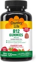 乡村生活 维生素B12 Gummys – 850 mcg Cyanocobalamin, 120 mcg Counter – Vegan, Gluten-Free Gummy 能源代谢与神经系统支持 – 天然草莓 Flavor, 2g 糖