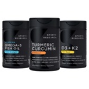 体育研究 野生阿拉斯加波洛克 Omega 3 鱼油 90 软胶(1250 mg),Turmeric Crucumin C3 Complex(120 Softgel)和 Vegan 5000 IU 维生素D + 100 mcg Mk7 维生素K(60 Softgel)