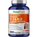 NusaPure维生素K2(MK7)(200mcg) +维生素D3(1000 IU) 180 Veg Caps - Bioperine, Soyfree, Non-GMO