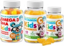 Omega-3 DHA Gummys & Vitamin C Gummys for Kids & Adults – 免疫支持,低Sugar,无盖拉汀,蔬菜,可食用维生素为托德勒斯.