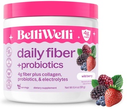 Belli Welli Fiber 女性和男性补充剂 — Premium Daily Fiber Powder from Organic Acacia 配有加成Collagen,电解质和亲生素 — no Bloat, 便秘和古特健康支持(Wild Berry)