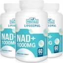 Liposomal NAD+ Supplement 1000 mg → 最高NAD Pontcy → 最大吸收 → 纯NAD Supplement → 能源和DNA修复,老化防御,大脑功能 → 180软胶