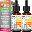 (2包)有机维生素D3 K2 与MCT Oil Omega 3-最大强度液态D3 配无填充器,非GMO用于加速吸收,免疫支持 (Strawberry, 2 Fl Oz)