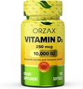 ORZAX 维生素 D3 1000 iu(250 mcg) – 非GMO,Gluten Free,Sugar Free,奶制品Free – 120天供应强肌肉功能与免疫支持 – Mood 健康补充(120软胶)
