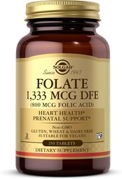 Solgar Folate 1 333 mcg DEFE(叶酸800 mcg) - 250 片 - 产前支持 - 非GMO, Vegan, Gluten Free, 奶制品自由, Kosher - 250 服务
