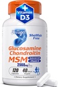 Glucosamine Chondroitin MSM + 维生素D3 + 脱壳鱼-无壳鱼-流动,灵活性和骨质健康联合支持补充 → 非GMO,无胶体,无豆类 – 男女7-in-1公式