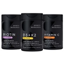 运动研究 维生素D3 5000iu K2 100mcg, Vegan Biotin 10,000mcg 配椰油和高概率维生素C 补充1000mg
