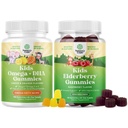 Omega DHA Gummys for Kids - Fatty Acids Omega 3 6 9 含维生素C用于大脑,豁免和视觉,以及Sambucus Elderberry Gummys用于儿童健康,含锌和维生素C用于免疫支持
