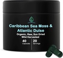 纯度为100%的加勒比海 Moss + Dulse Seawed → 野生收获 → 无填充剂 → 富含抗氧化剂、矿物和碘(40 Capsules)